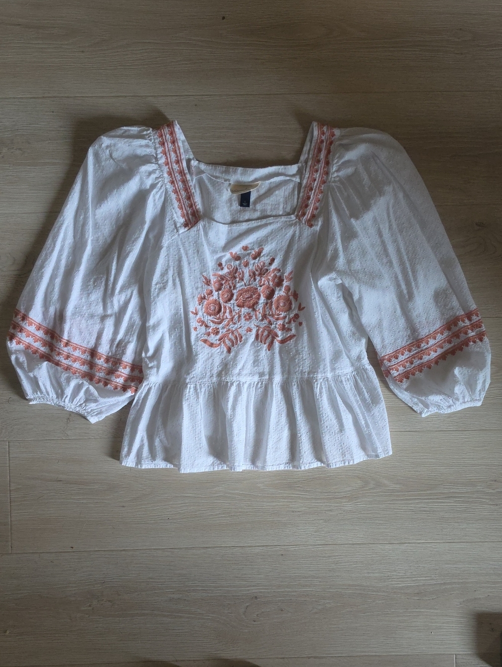 Women's White Peasant Blouse with Coral Embroidery